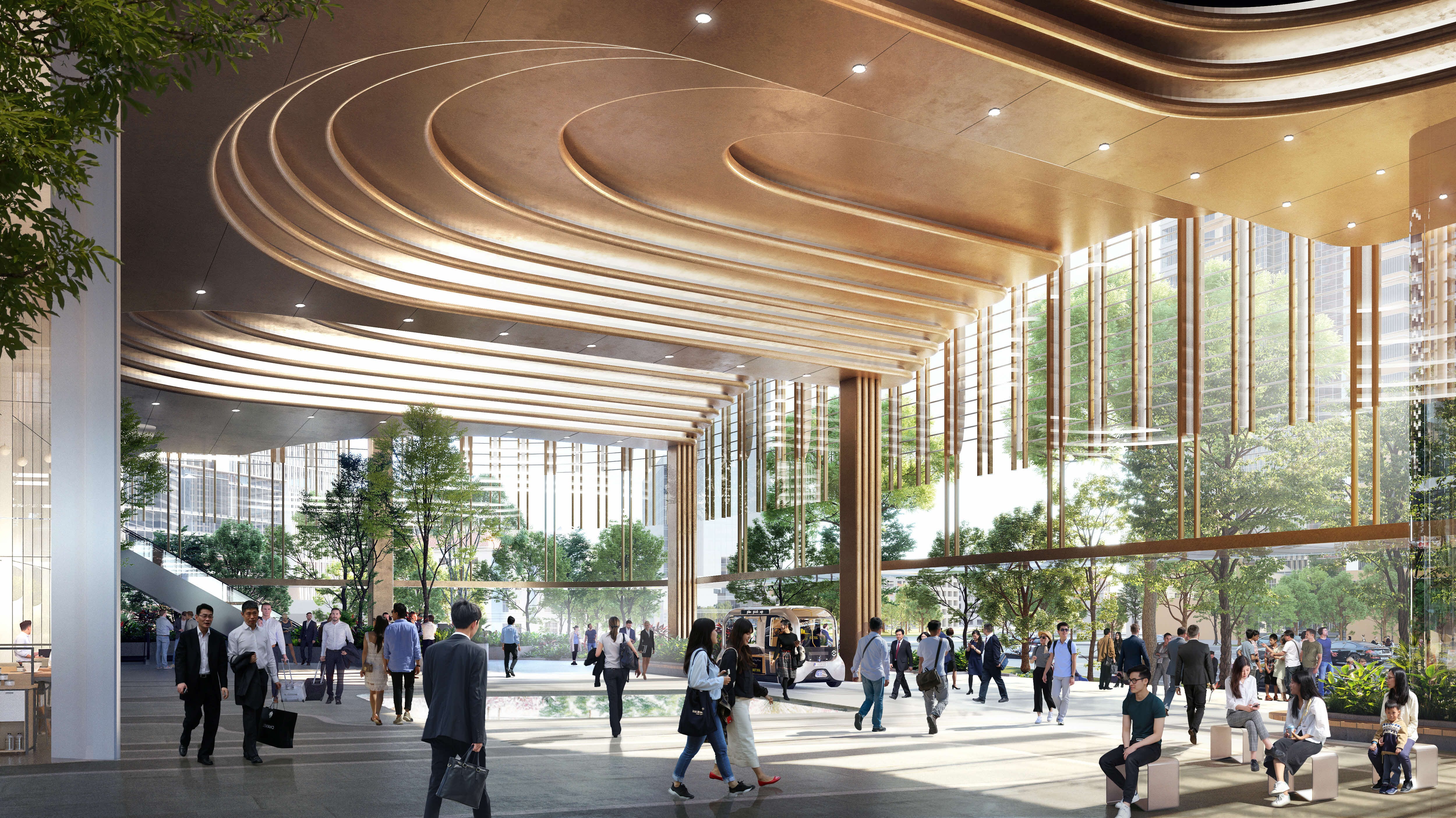 Lobby interior with people. Modern architecture with natural light and wood accents. Trees visible outside.
